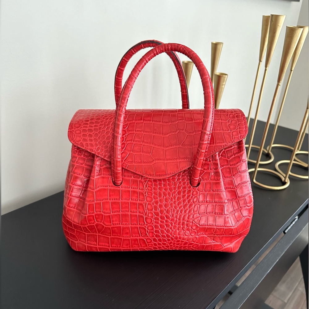 Patricia Nash Notely Croco Embossed Leather Flap Satchel-Papaya